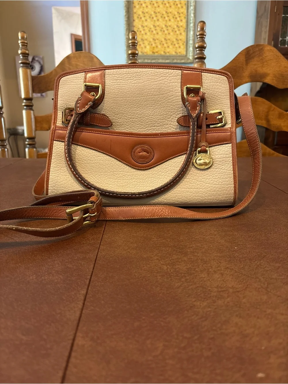 Dooney & Bourke Cream and Brown Leather Satchel with Gold Hardware